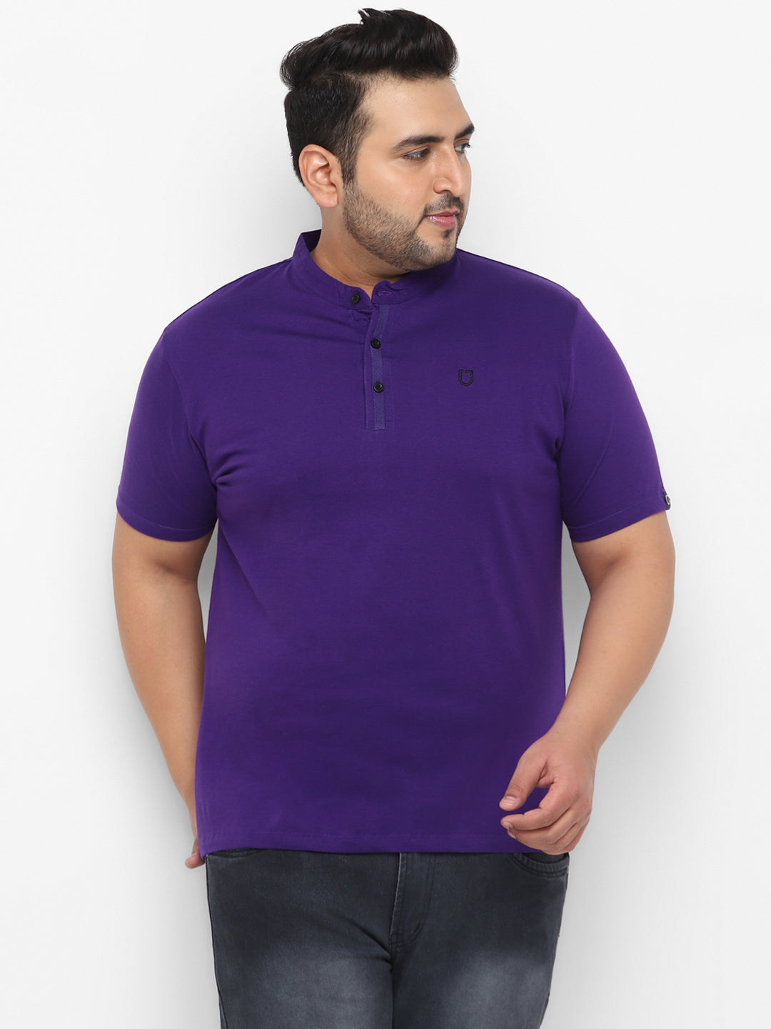 Men's Purple Solid Mandarin Collar Regular Fit Cotton T-Shirt