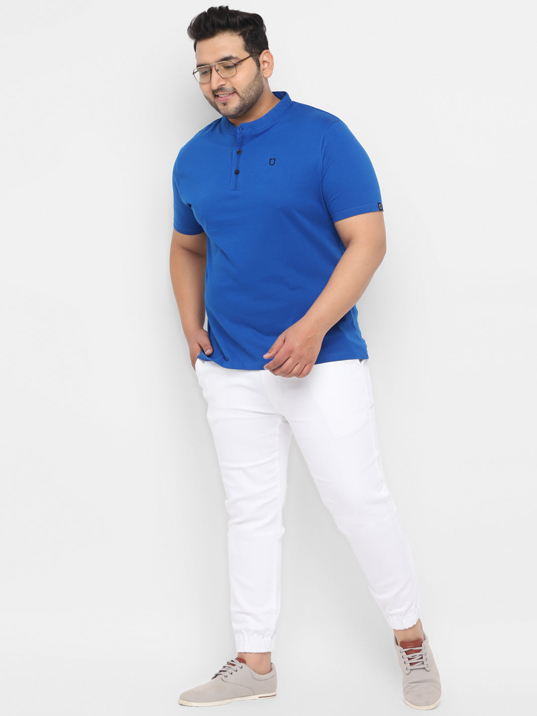 Men's Royal Blue Solid Mandarin Collar Regular Fit Cotton T-Shirt