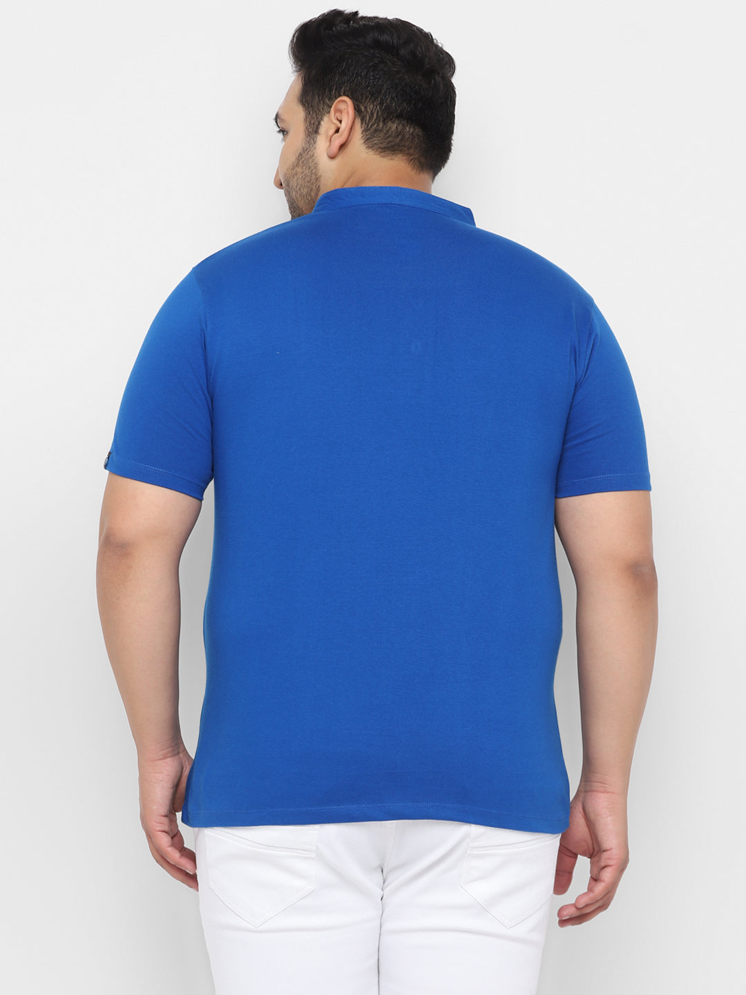 Men's Royal Blue Solid Mandarin Collar Regular Fit Cotton T-Shirt