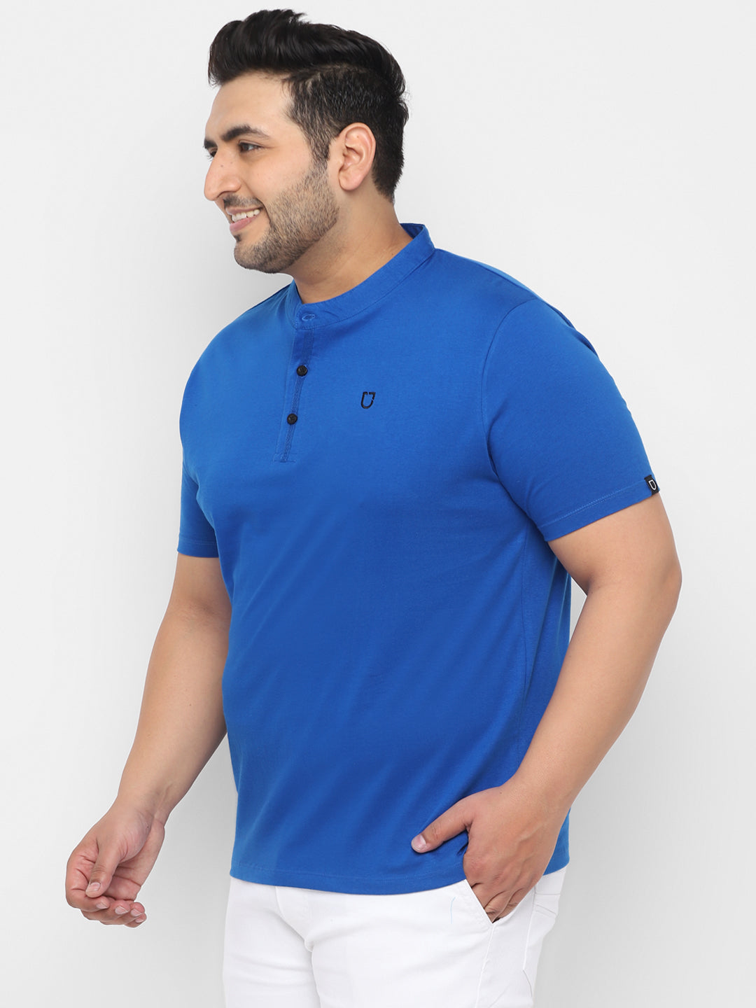 Men's Royal Blue Solid Mandarin Collar Regular Fit Cotton T-Shirt