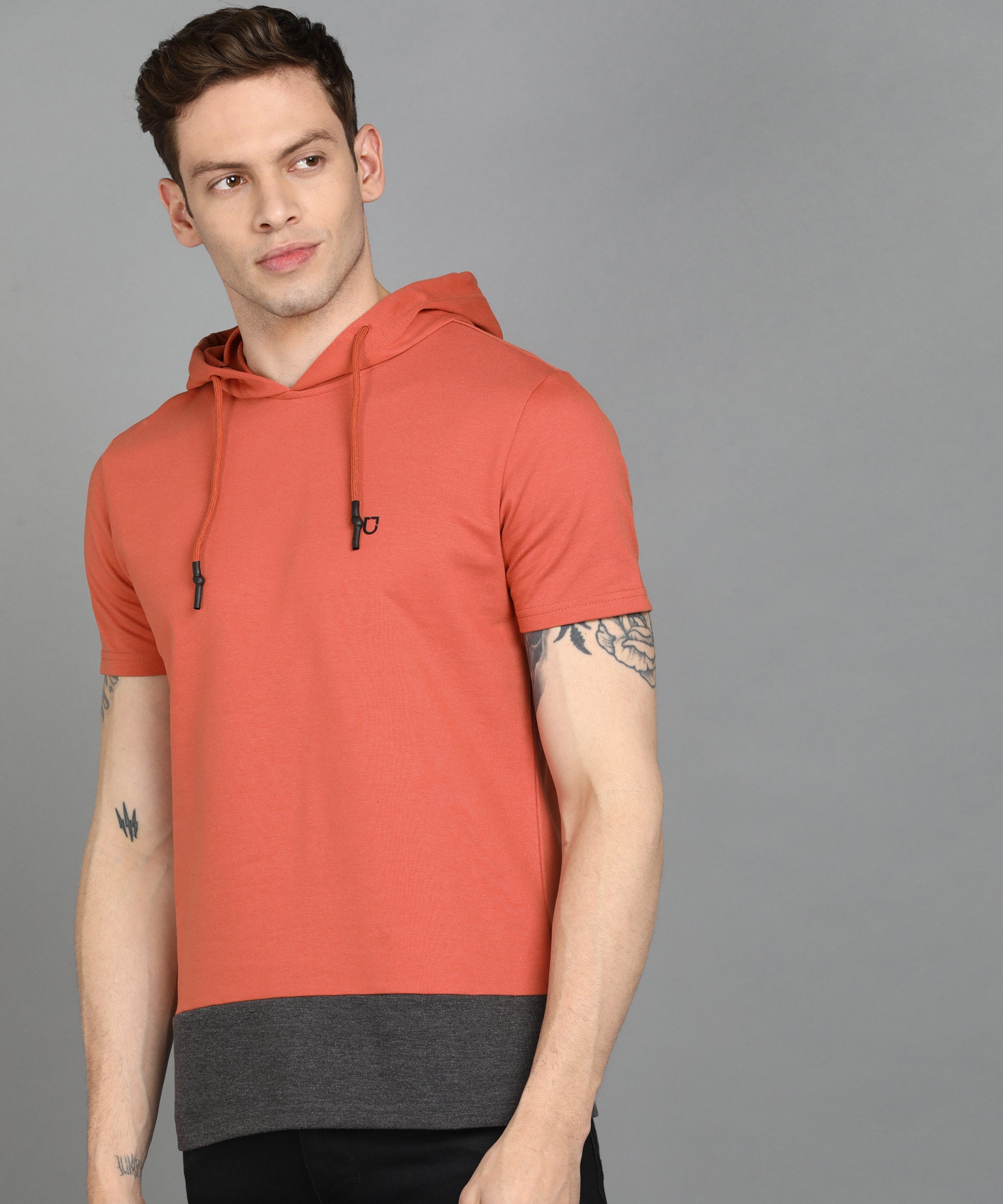 Men's Cotton Rust Slim Fit Half Sleeve Hooded T-Shirt