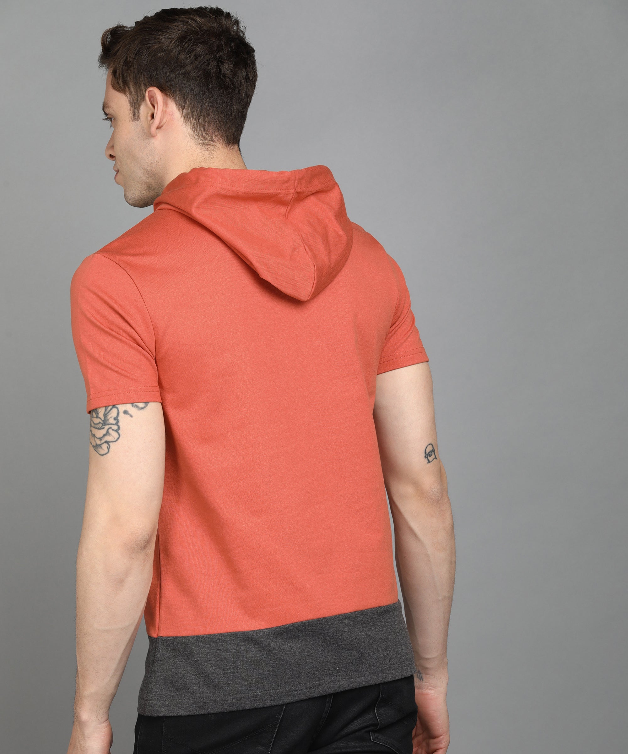 Men's Cotton Rust Slim Fit Half Sleeve Hooded T-Shirt