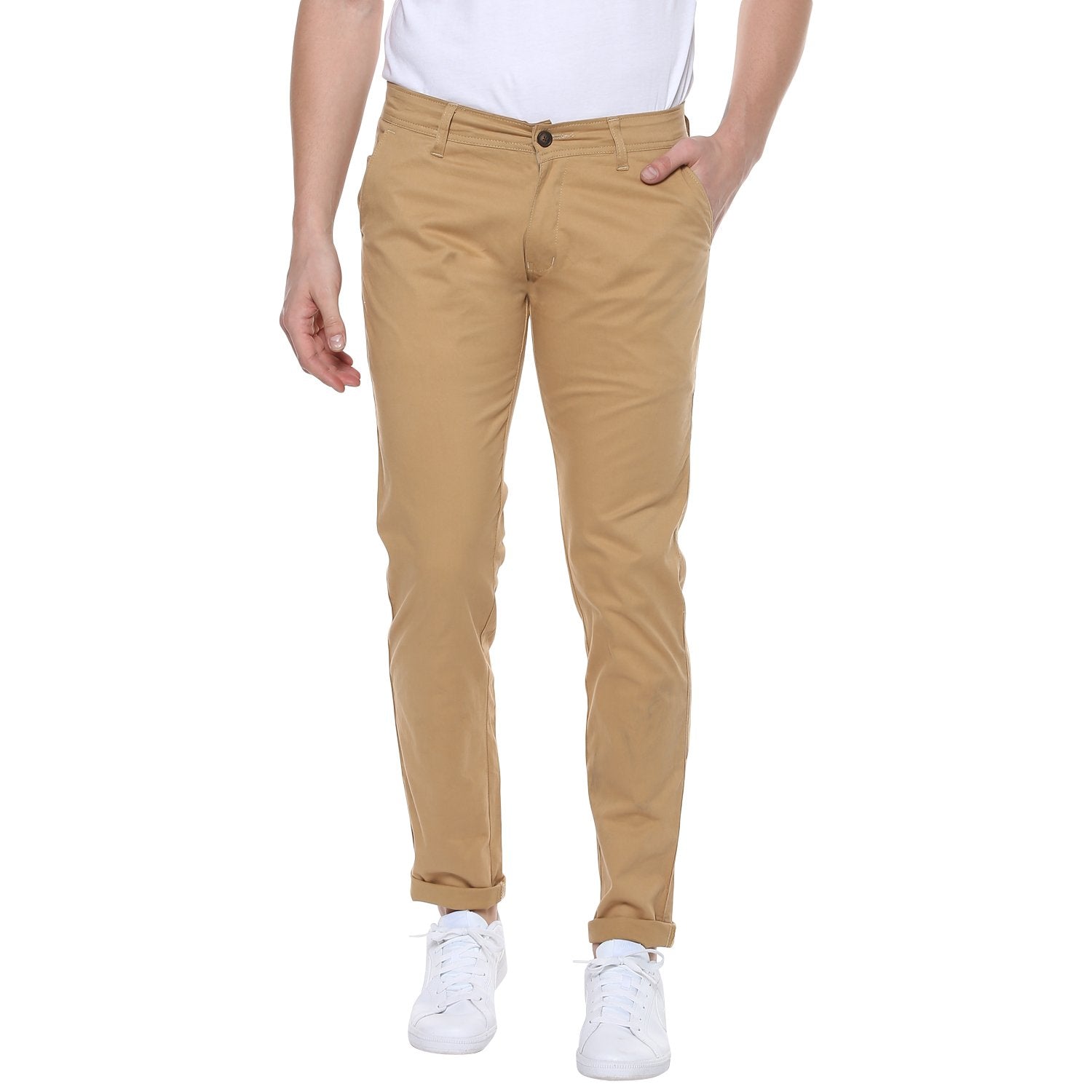 Men's Beige Cotton Slim Fit Casual Chinos Trousers Stretch
