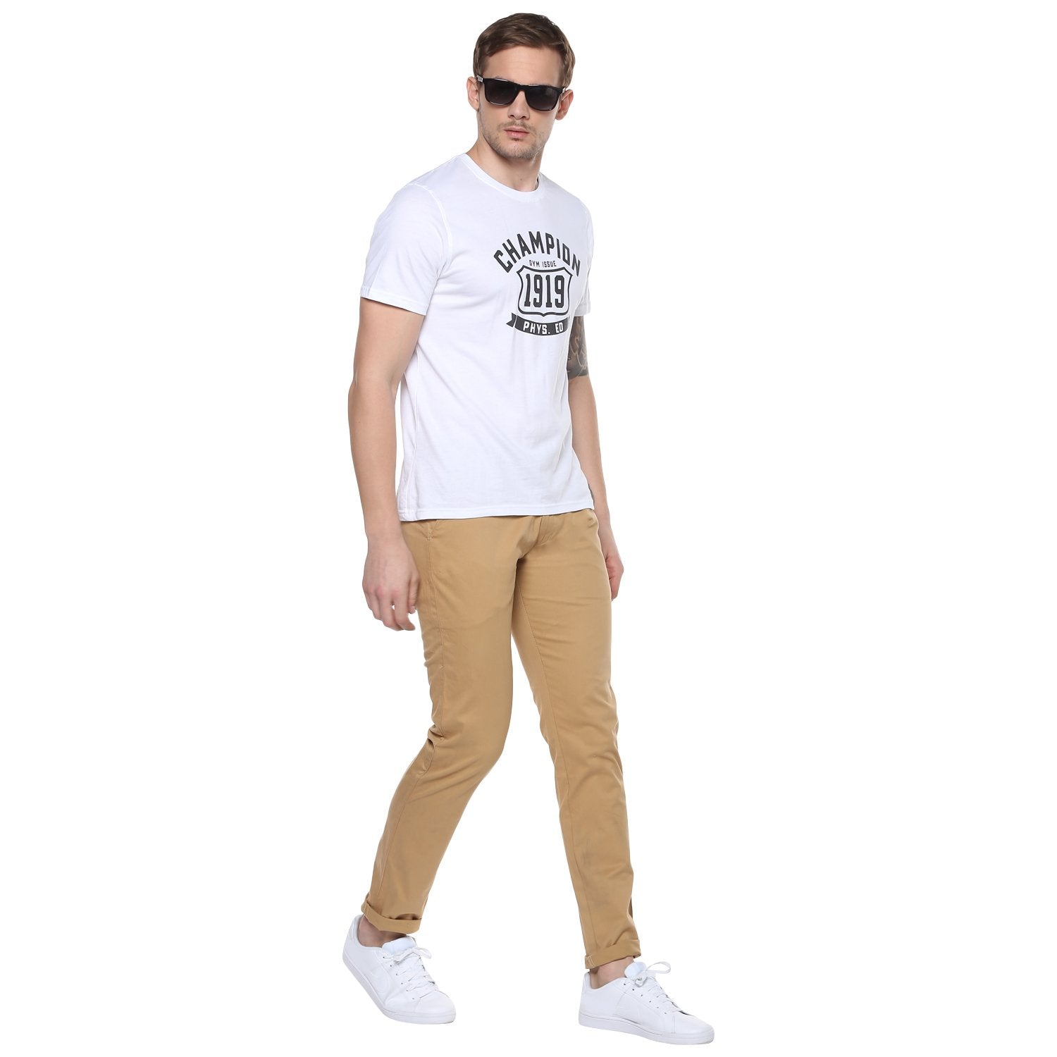 Men's Beige Cotton Slim Fit Casual Chinos Trousers Stretch