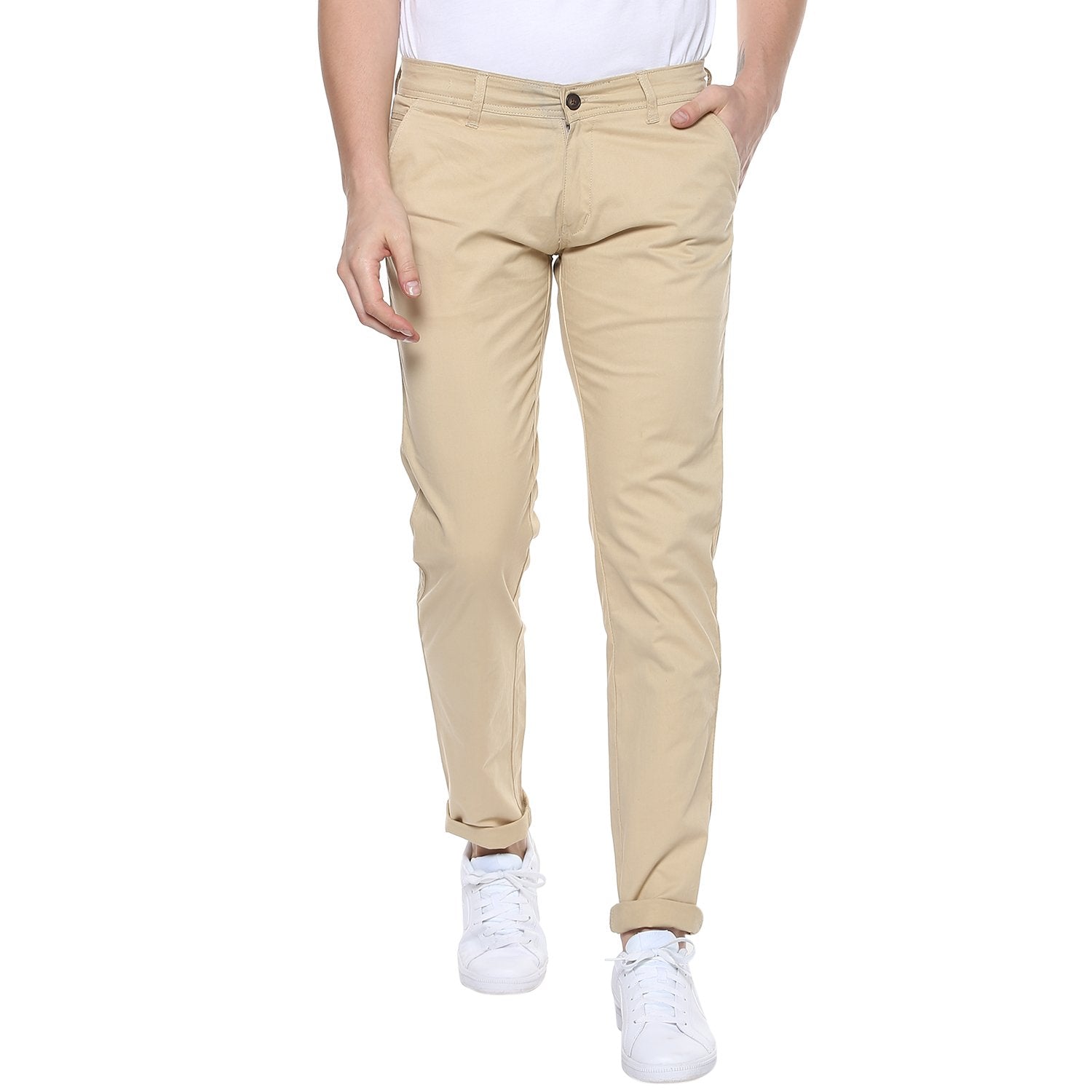Men's Cream Cotton Slim Fit Casual Chinos Trousers Stretch