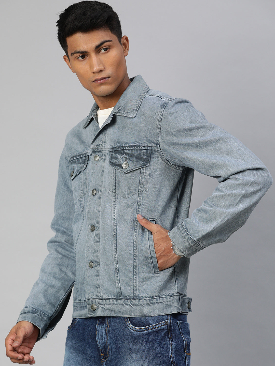Urbano Fashion Men's Light Grey Regular Fit Washed Full Sleeve Denim Jacket