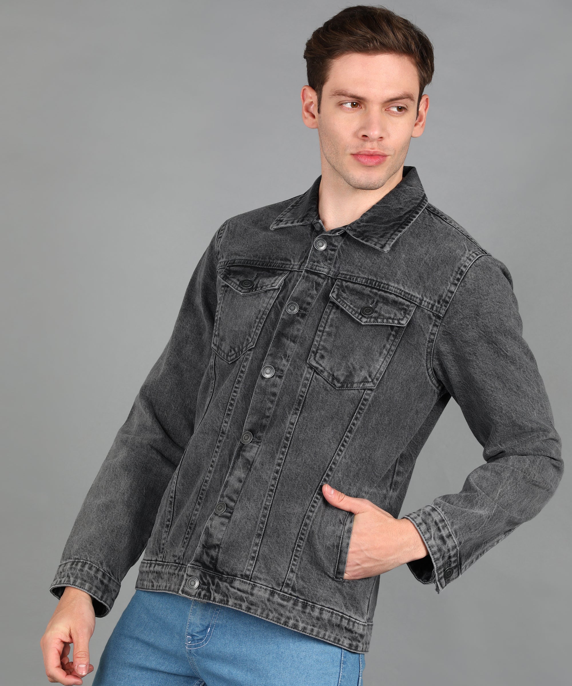 Men's Grey Regular Fit Washed Full Sleeve Denim Jacket