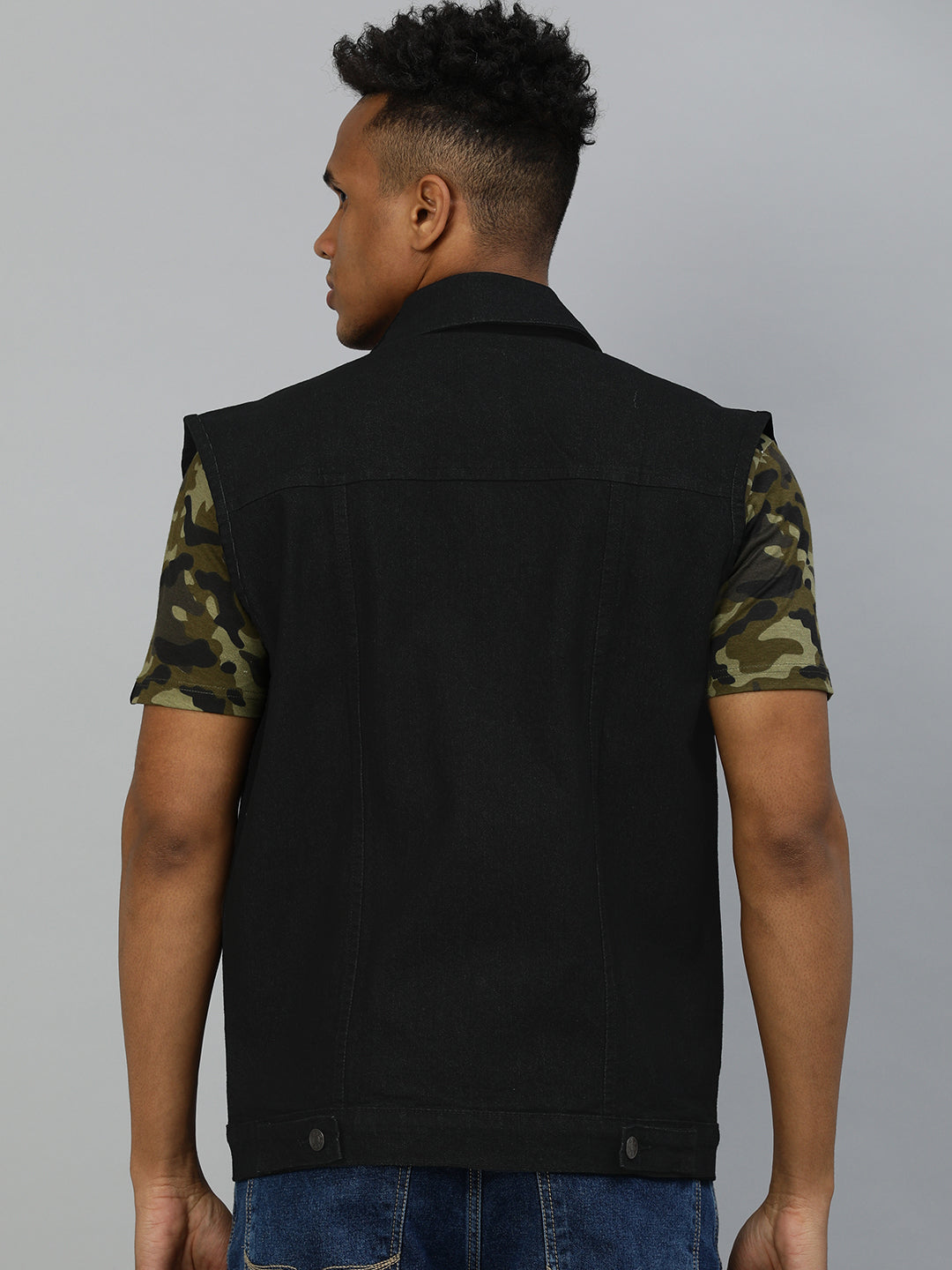 Men's Black Slim Fit Washed Sleeveless Denim Jacket