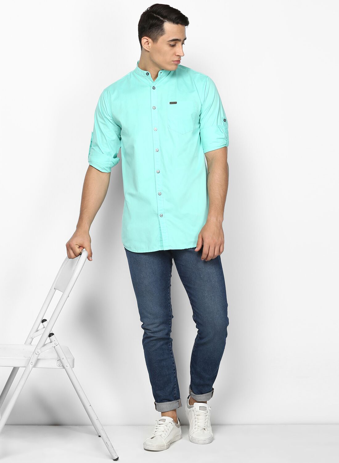 Men's Aqua Blue Cotton Full Sleeve Shirt with Mandarin Collar (Copy)