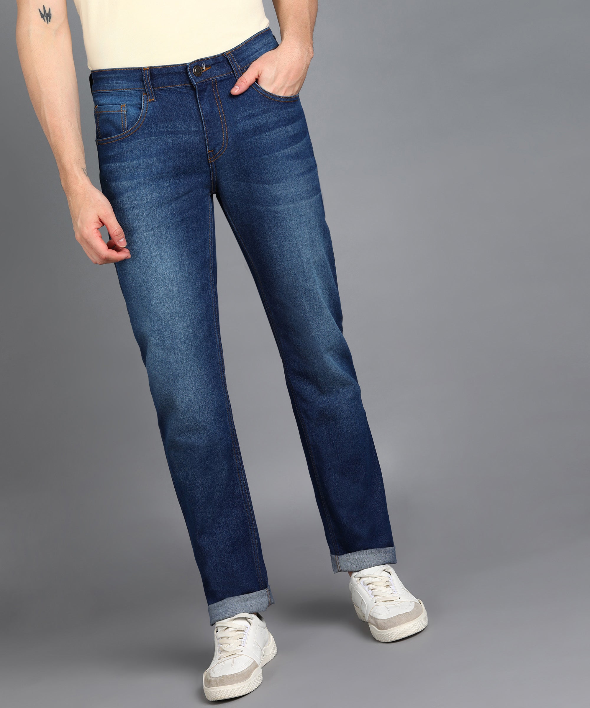 Men's Blue Regular Fit Washed Jeans Stretchable