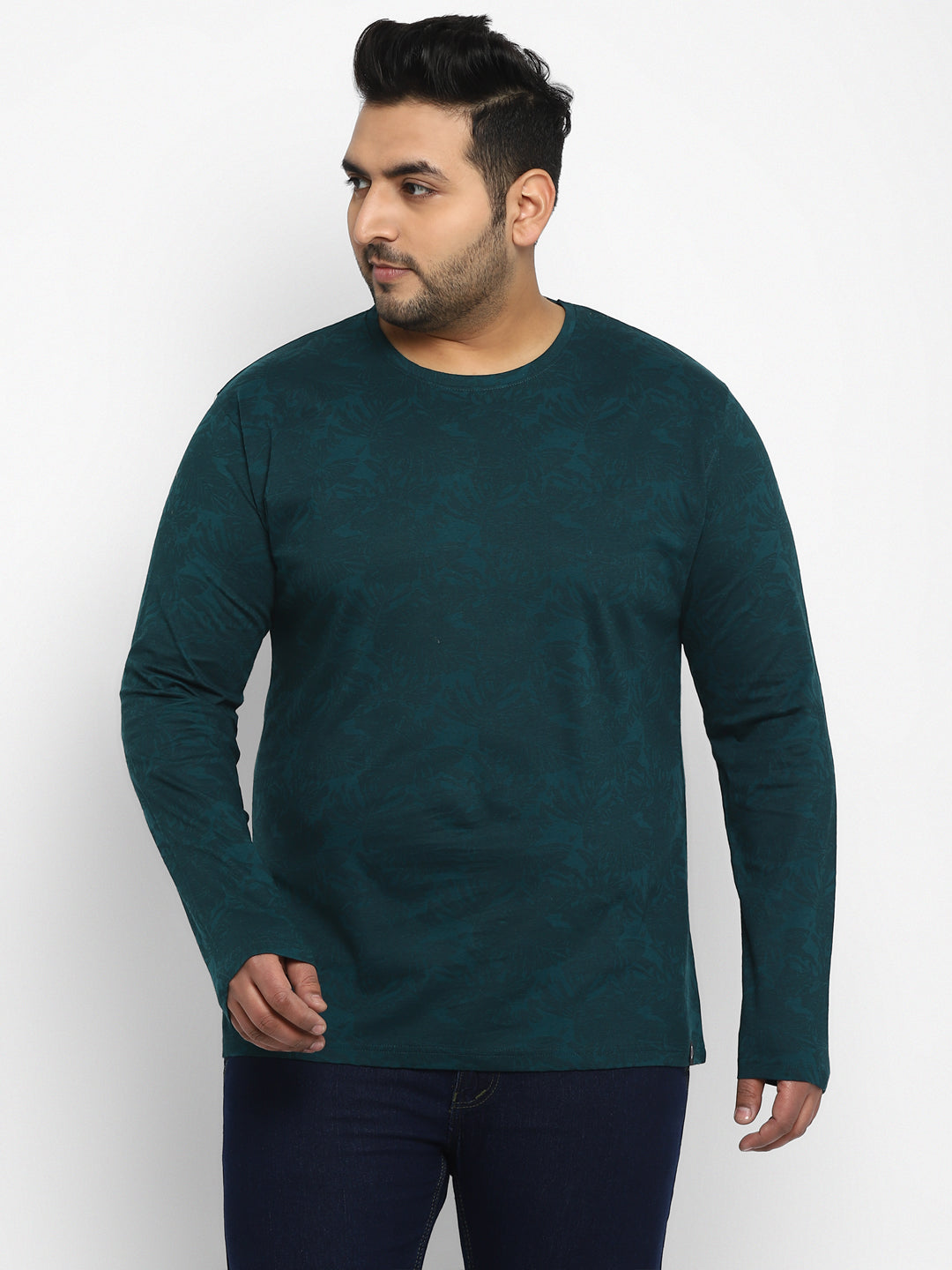 Men's Dark Green Printed Full Sleeve Regular Fit Cotton T-Shirt