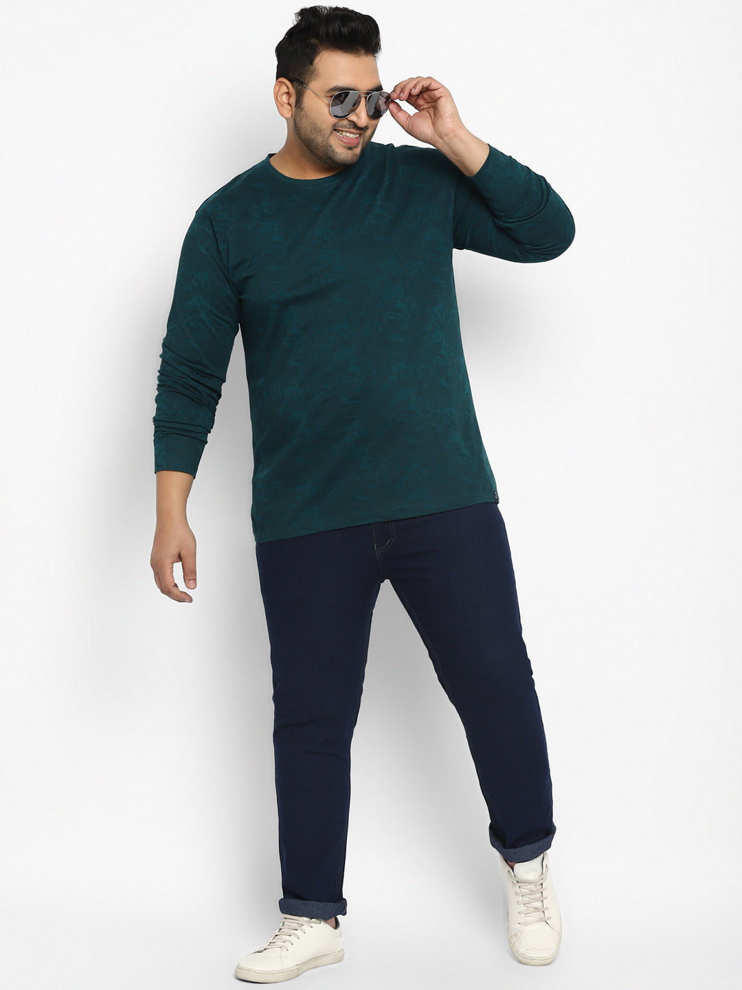 Men's Dark Green Printed Full Sleeve Regular Fit Cotton T-Shirt