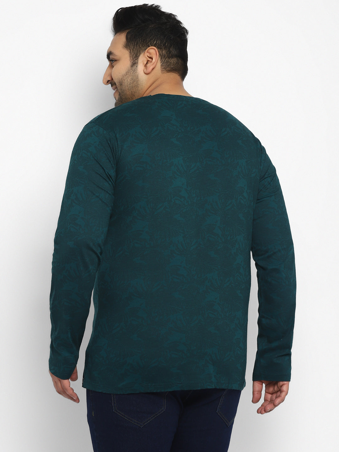 Men's Dark Green Printed Full Sleeve Regular Fit Cotton T-Shirt