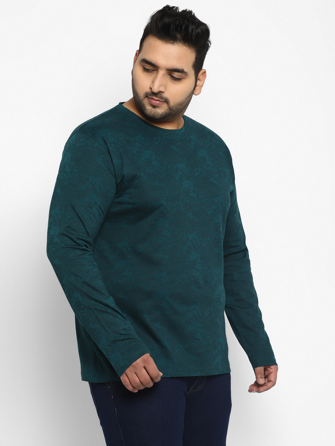 Men's Dark Green Printed Full Sleeve Regular Fit Cotton T-Shirt