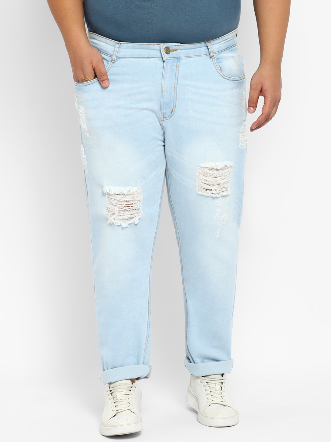 Men's Ice Blue Regular Fit Heavy Distressed/Torn Jeans
