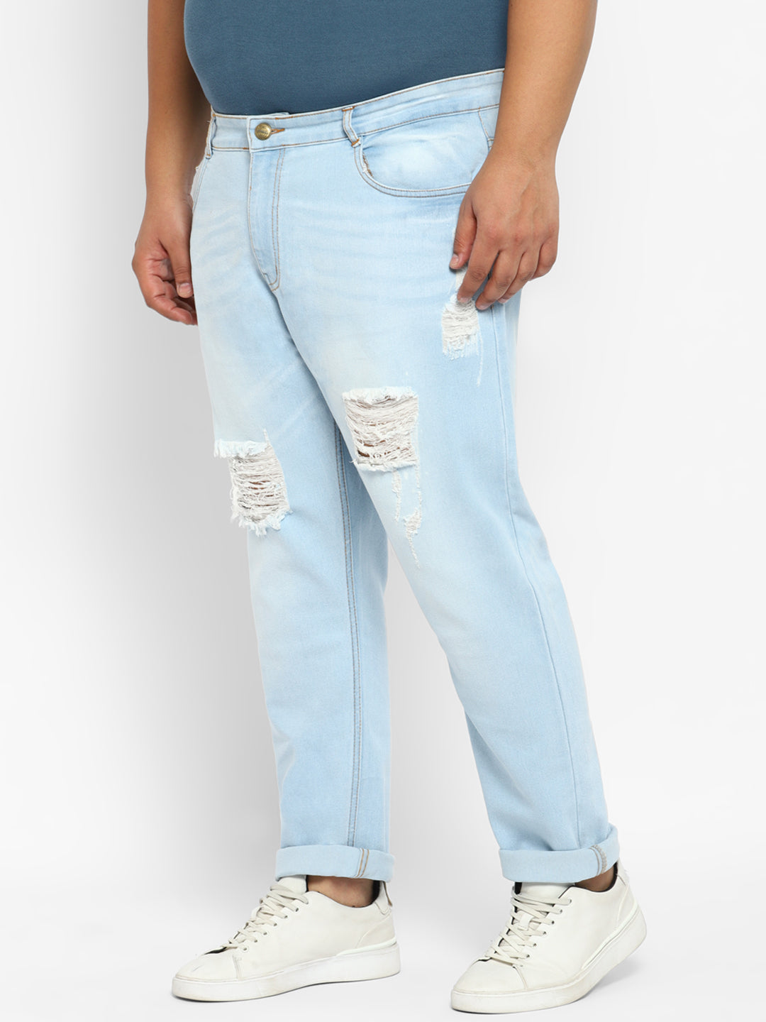 Men's Ice Blue Regular Fit Heavy Distressed/Torn Jeans