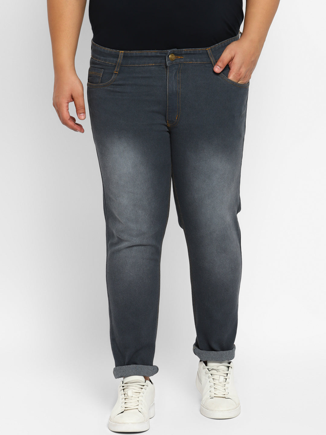 Men's Grey Regular Fit Washed Denim Jeans Stretchable