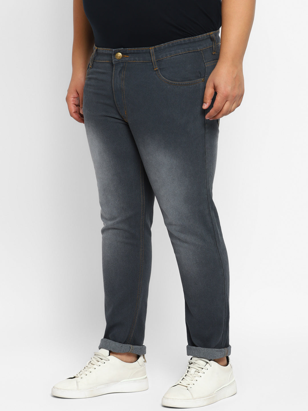 Men's Grey Regular Fit Washed Denim Jeans Stretchable