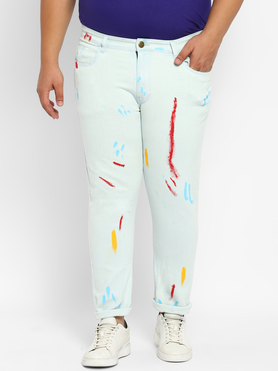 Men's Whitish Blue Regular Fit Washed Printed Jeans Stretchable