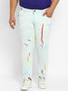 Men's Whitish Blue Regular Fit Washed Printed Jeans Stretchable