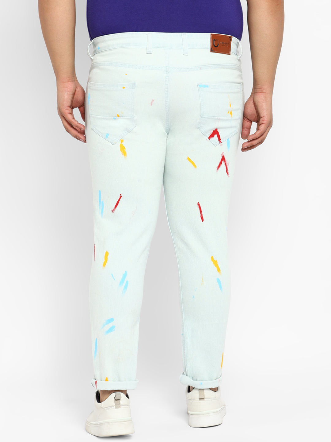 Men's Whitish Blue Regular Fit Washed Printed Jeans Stretchable