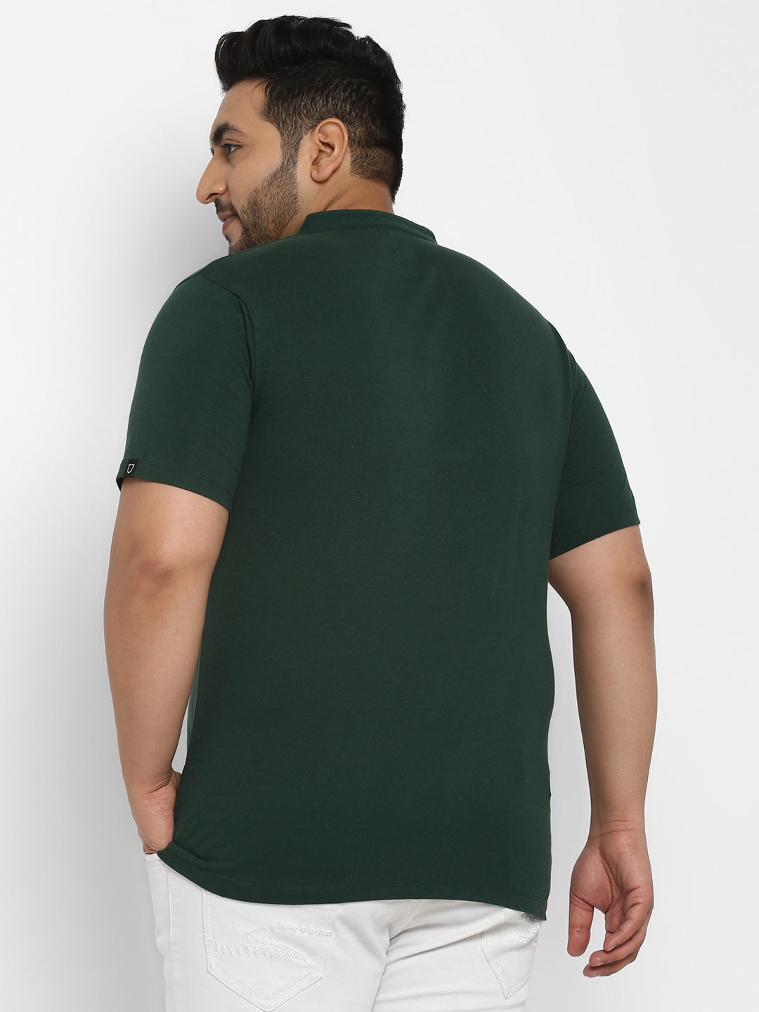 Men's Bottle Green Solid Regular Fit Mandarin Collar Half Sleeve Cotton T-Shirt