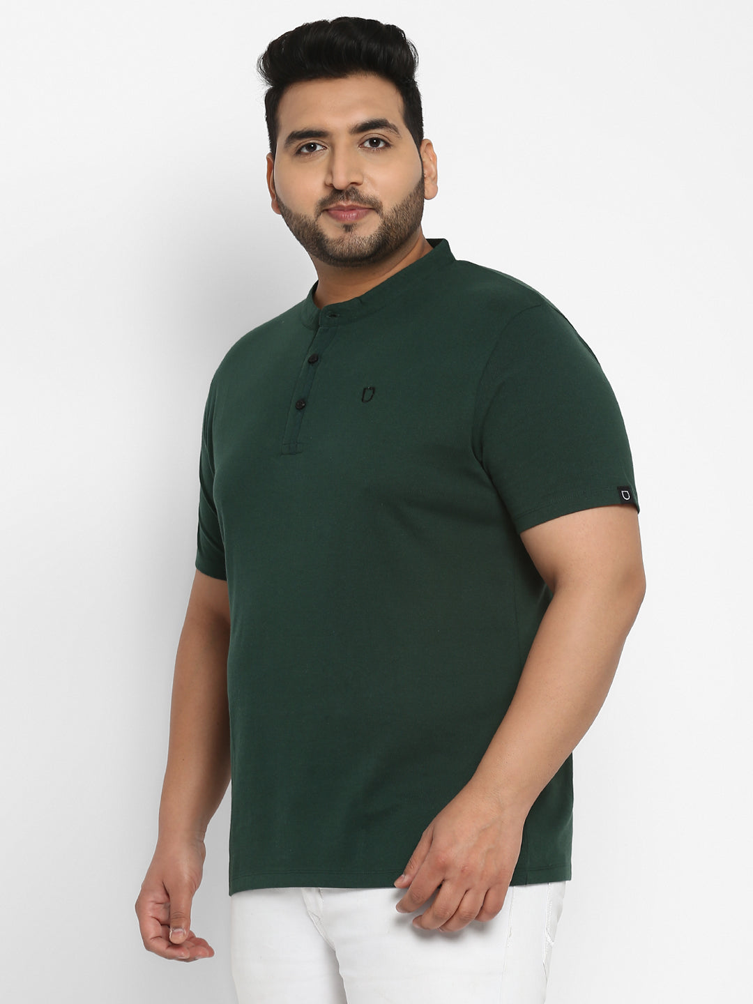 Men's Bottle Green Solid Regular Fit Mandarin Collar Half Sleeve Cotton T-Shirt