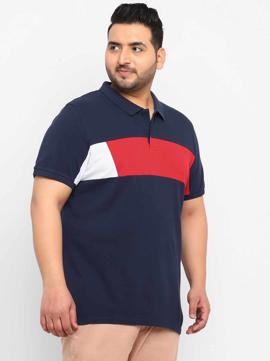 Men's Navy Blue, Red, White Colour-Block Regular Fit Half Sleeve Cotton Polo T-Shirt