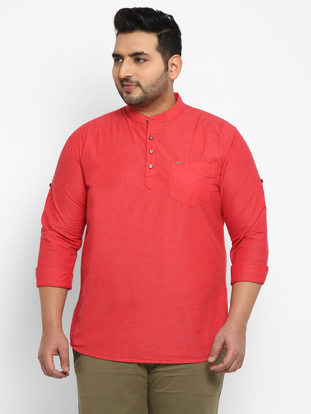 Men's Tomato Red Cotton Full Sleeve Shirt with Mandarin Collar