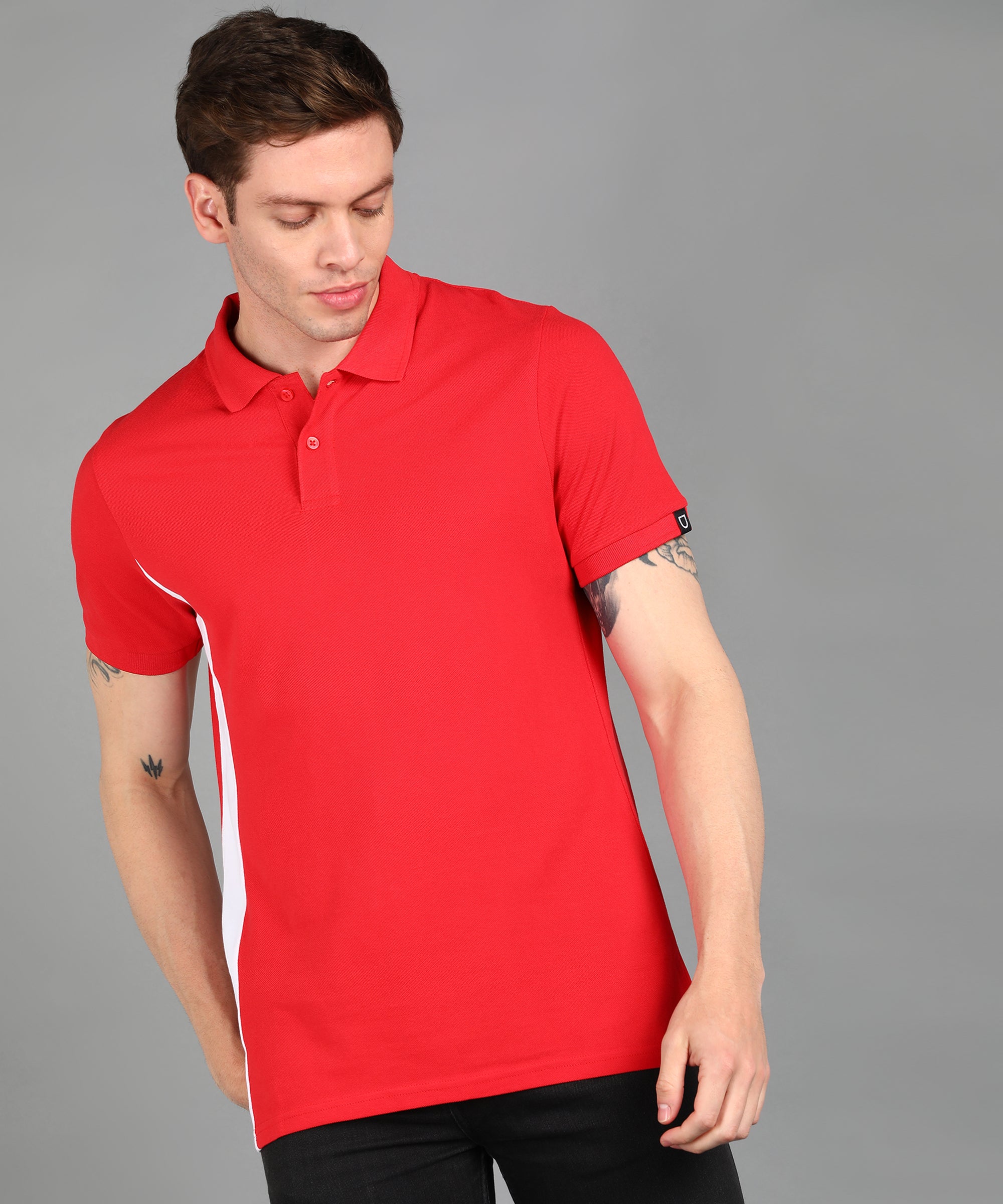 Men's Red, White Colour-Block Slim Fit Half Sleeve Cotton Polo T-Shirt