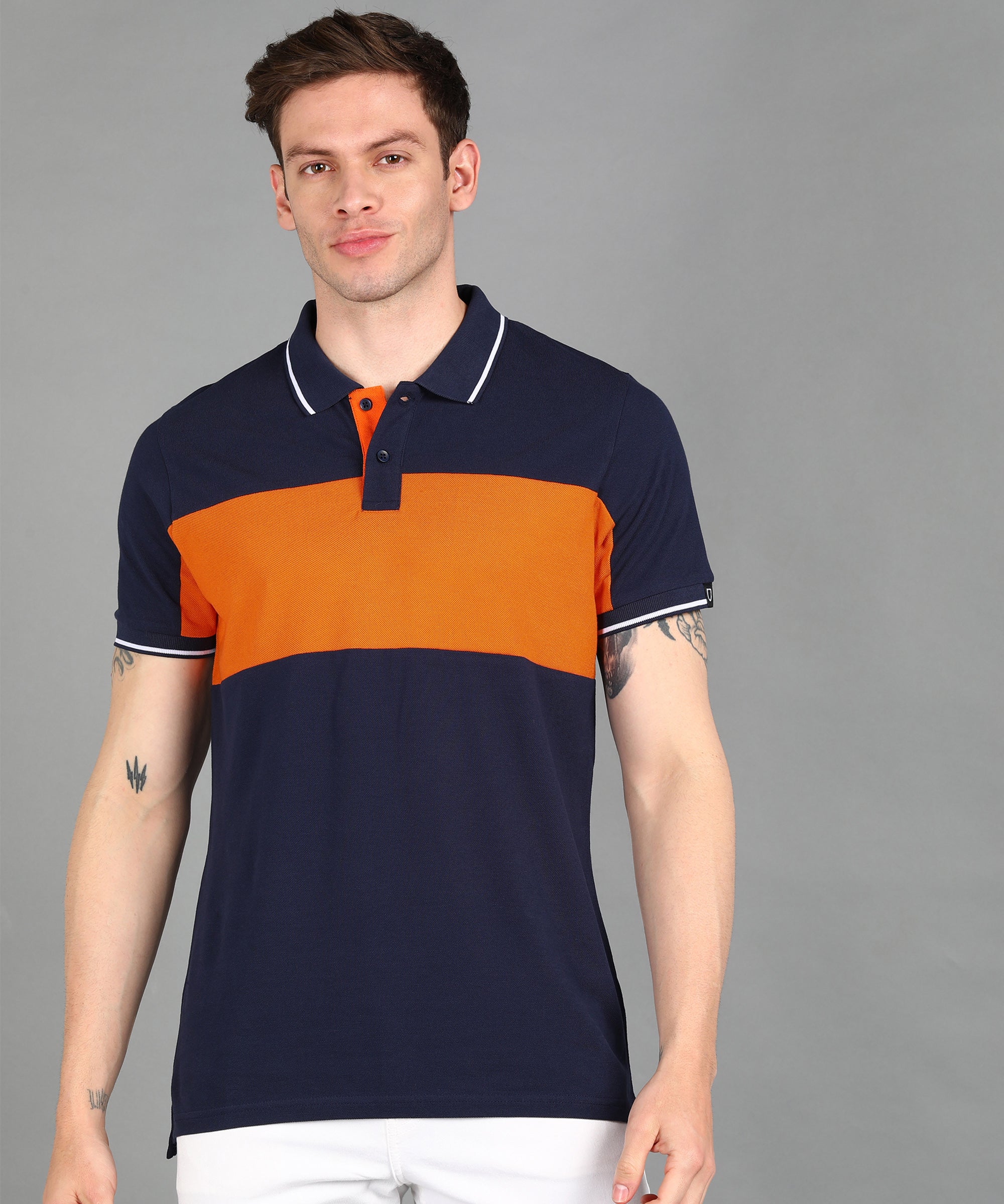 Urbano Fashion Men's Navy, Orange Colour-Block Slim Fit Half Sleeve Cotton Polo T-Shirt