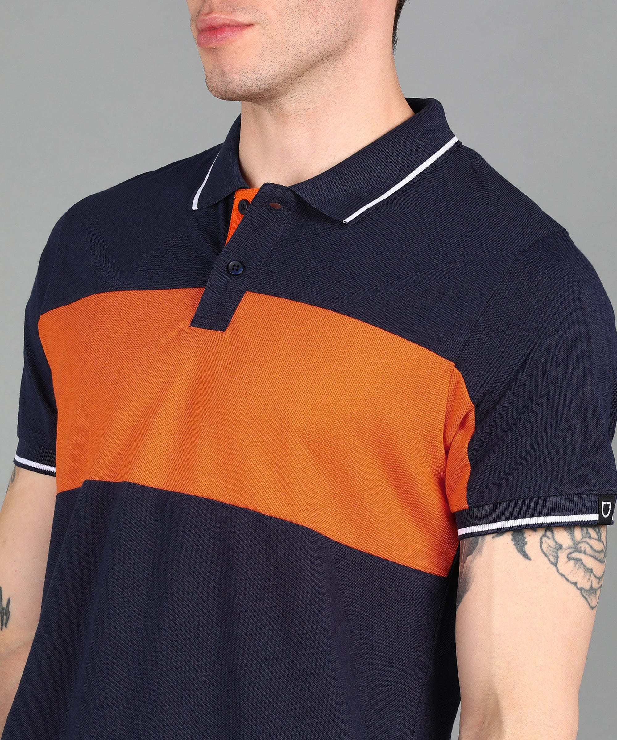 Men's Navy, Orange Colour-Block Slim Fit Half Sleeve Cotton Polo T-Shirt