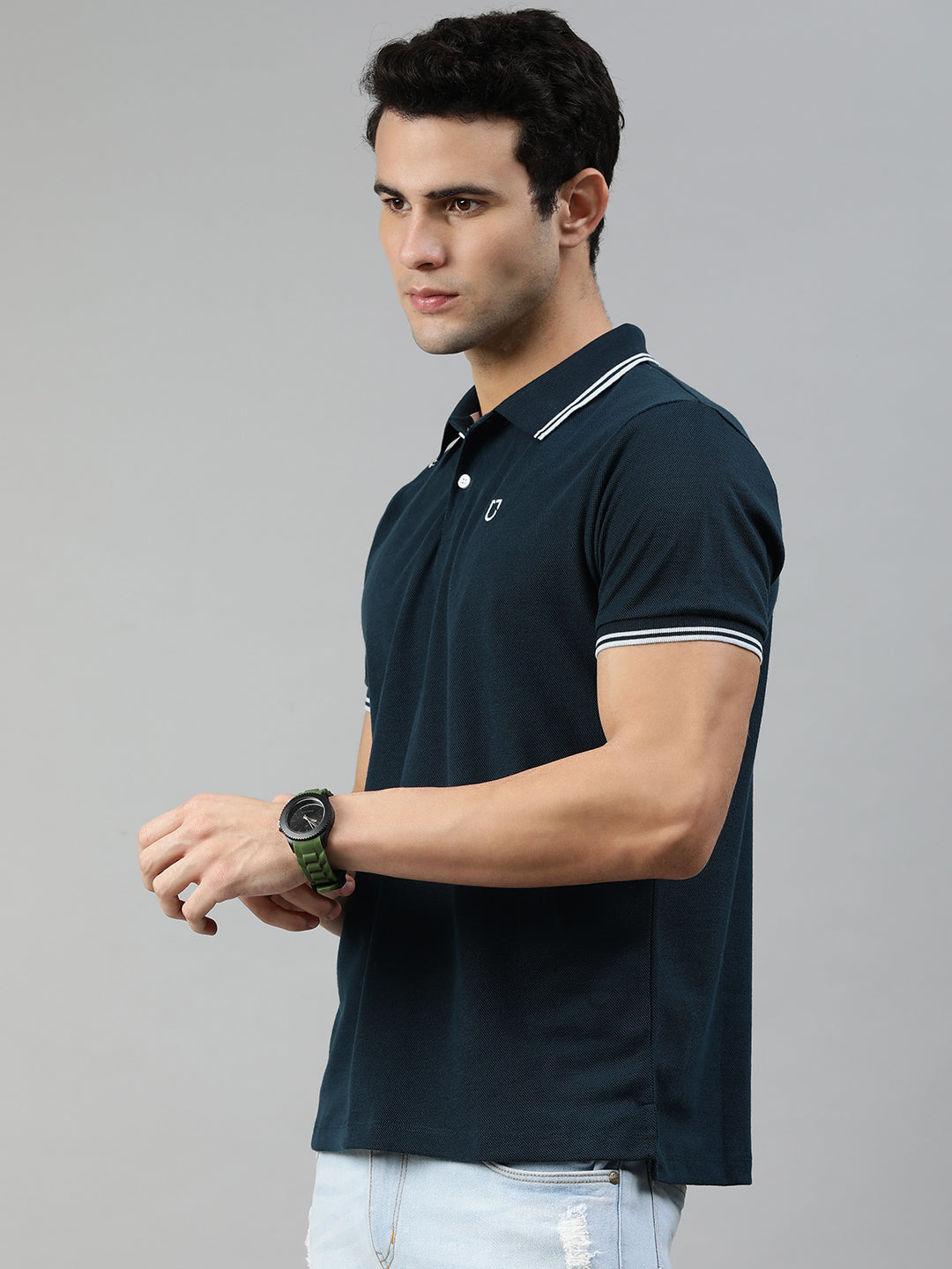 Men's Airforce Blue Solid Slim Fit Half Sleeve Cotton Polo T-Shirt